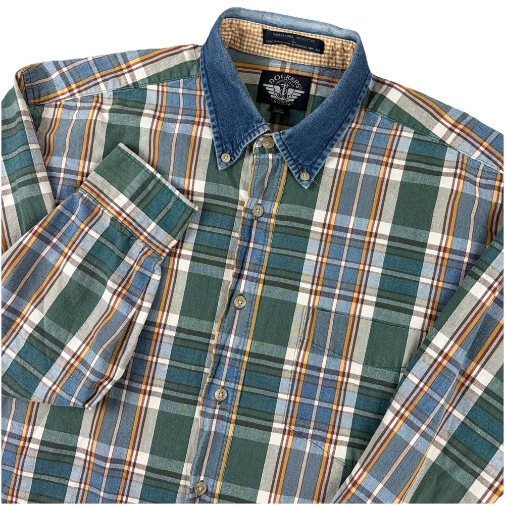 Vintage Dockers Shirt Mens Large Green Plaid Levi's Denim Collar Button Down 90s